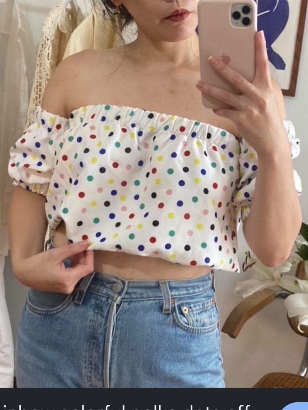 Zara White Off-Shoulder Crop Top with Multicolor Polka Dots